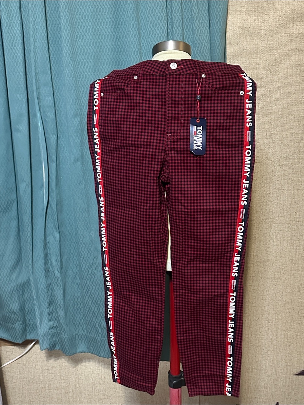 Tommy Hilfiger Men’s Red Check Pants with Logo Side Tape